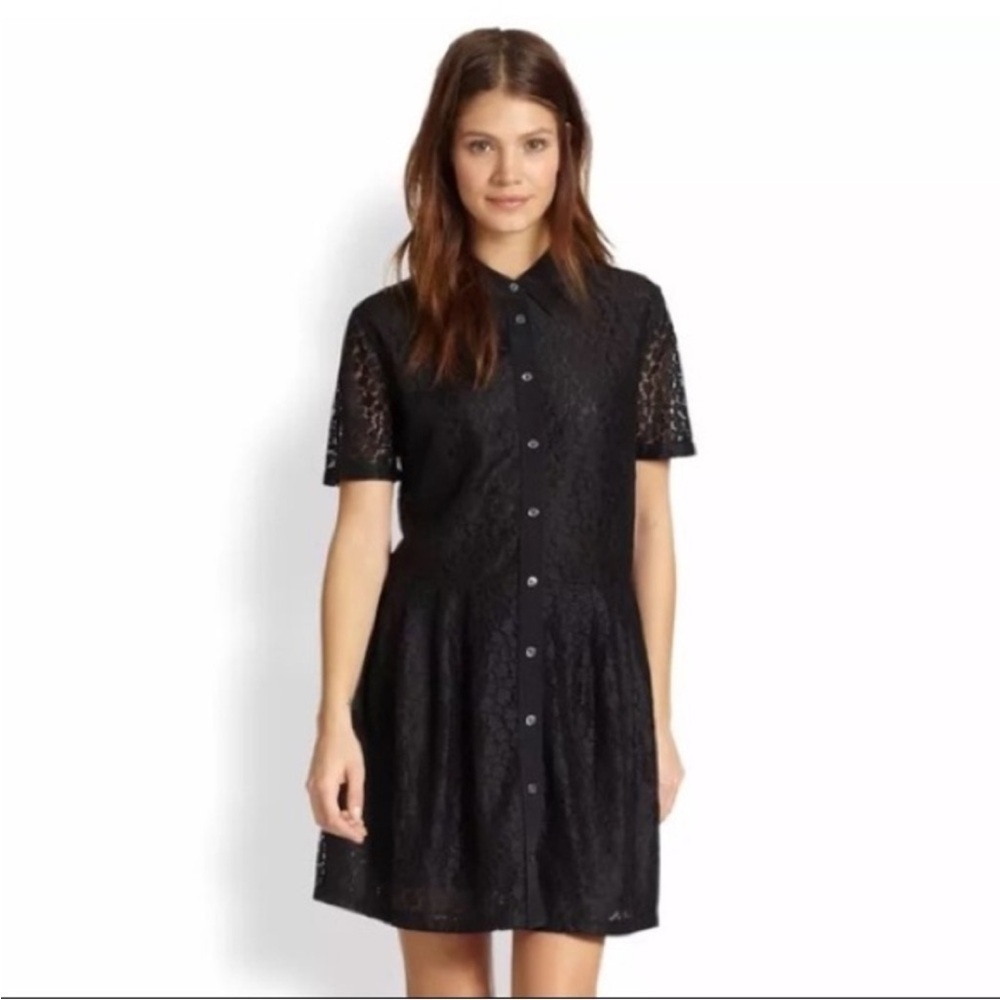 EQUIPMENT FEMME Black Floral Flower Lace Mini Dress Size S Short Sleeve Collared